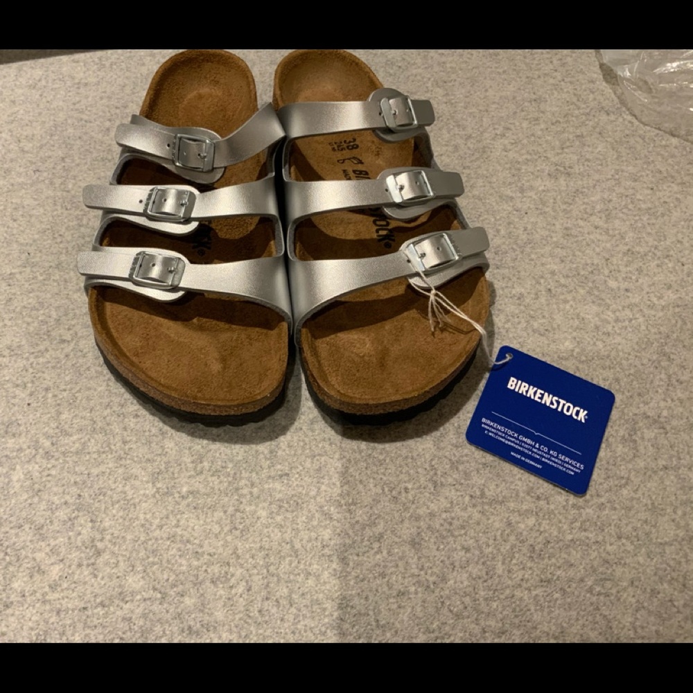 Birkenstock Florida 38, silver leather, black sole
